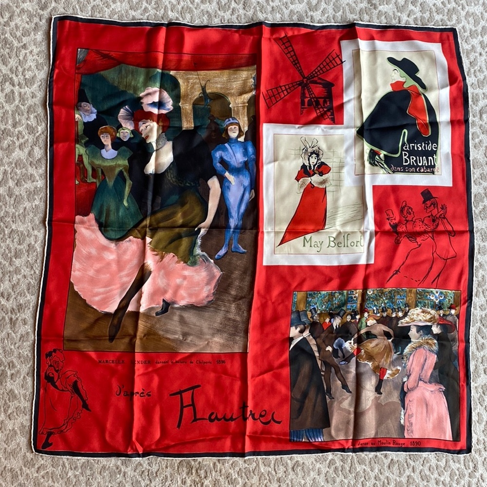 Toulouse Lautrec Moulin Rouge Art Themed Red Silk Scarf, 30” square